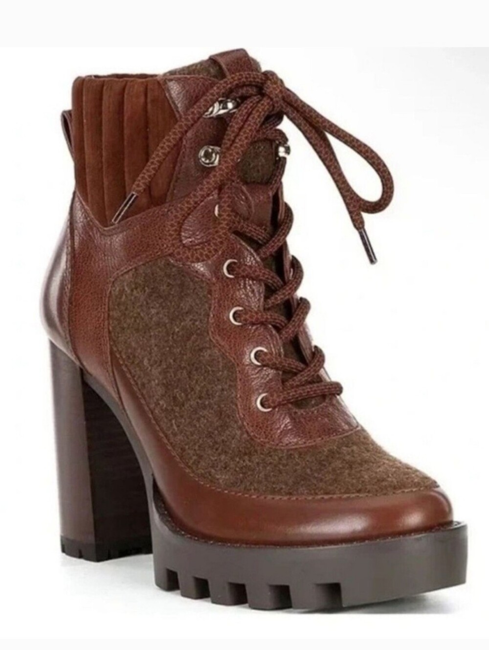 ANTONIO MELANI Penn Brown Leather and Fabric Lug Ankle Boots Sz 8.5
